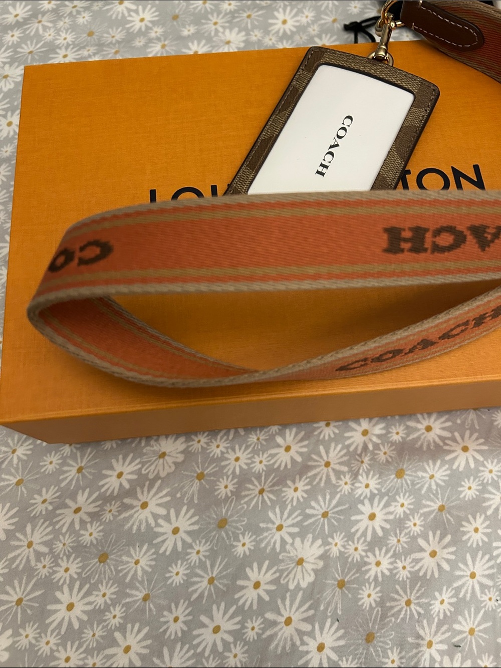 Coach Brown Signature Canvas Card Holder with Orange Branded Lanyard - Picture 3 of 6